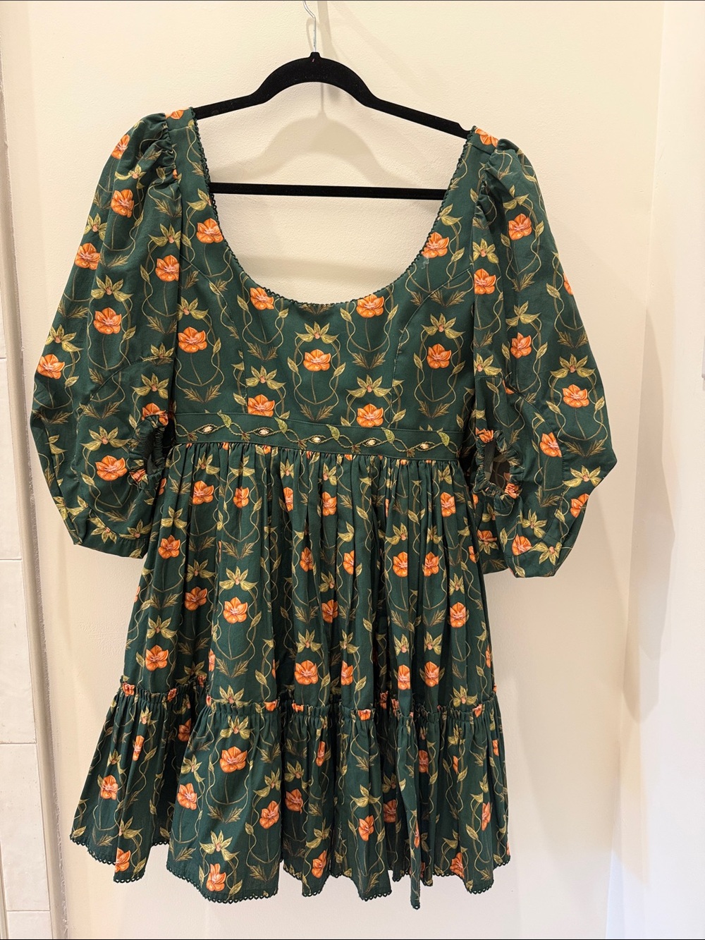 Agua by Agua Bendita Green Floral Puff-Sleeve Mini Dress with Orange Blooms